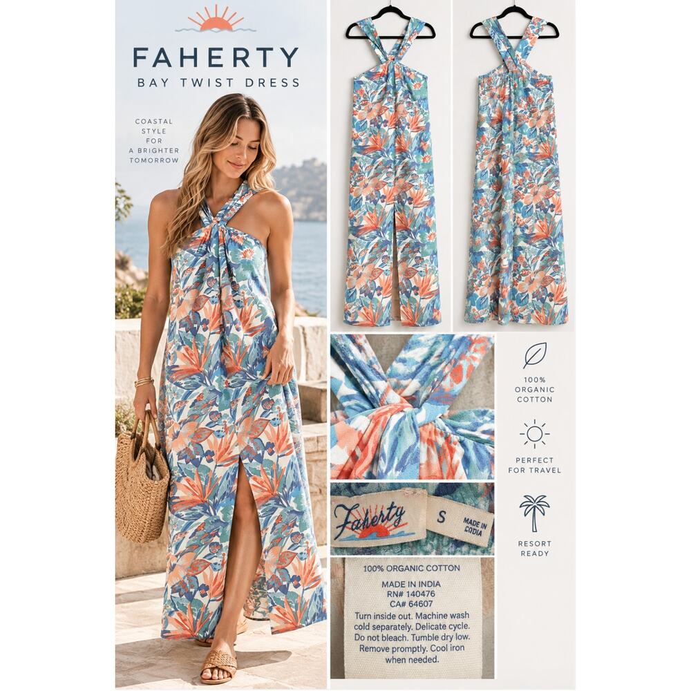 Faherty Bay Twist Organic Cotton Maxi Dress Tropical Floral Halter Cross Back